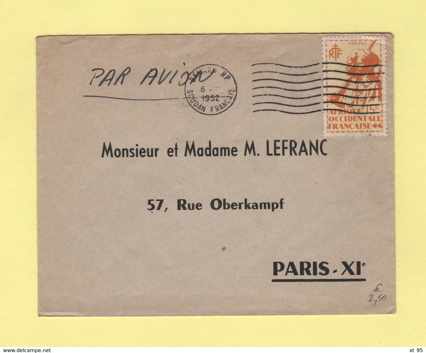 Soudan - Bamako - 1952 - Flamme 7 Lignes Ondulees - Briefe U. Dokumente