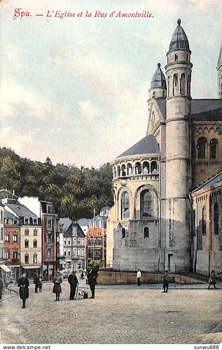 Spa - L'Eglise Et La Rue D'Amontville (animée, Colorisée, Carte Très Détaillée, Bon Rendu) - Spa