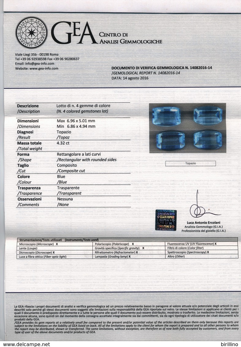 4380 - 4 Gemme Di Topazio Blu Ct. 4.32 - Certificato Autenticità Italiano - Topacio