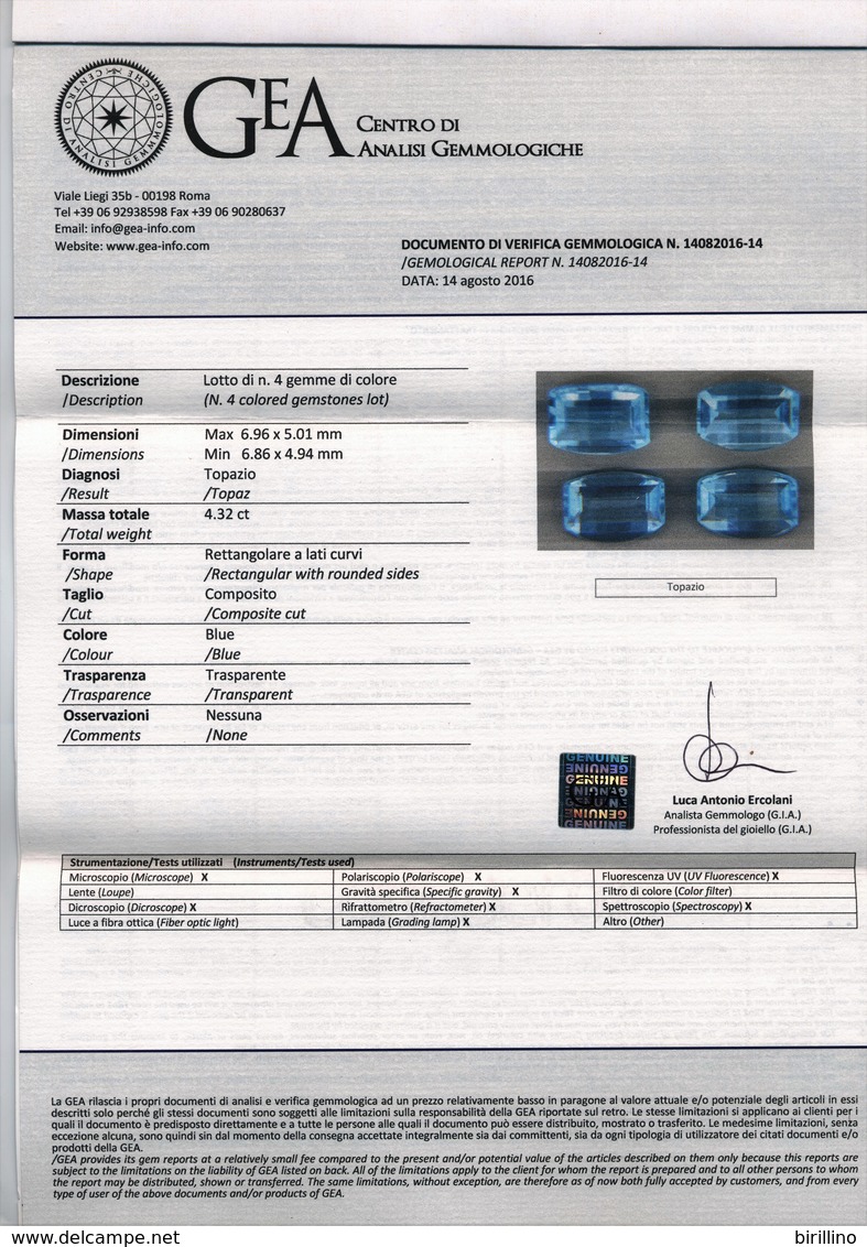 4380 - 4 Gemme Di Topazio Blu Ct. 4.32 - Certificato Autenticità Italiano - Topazio