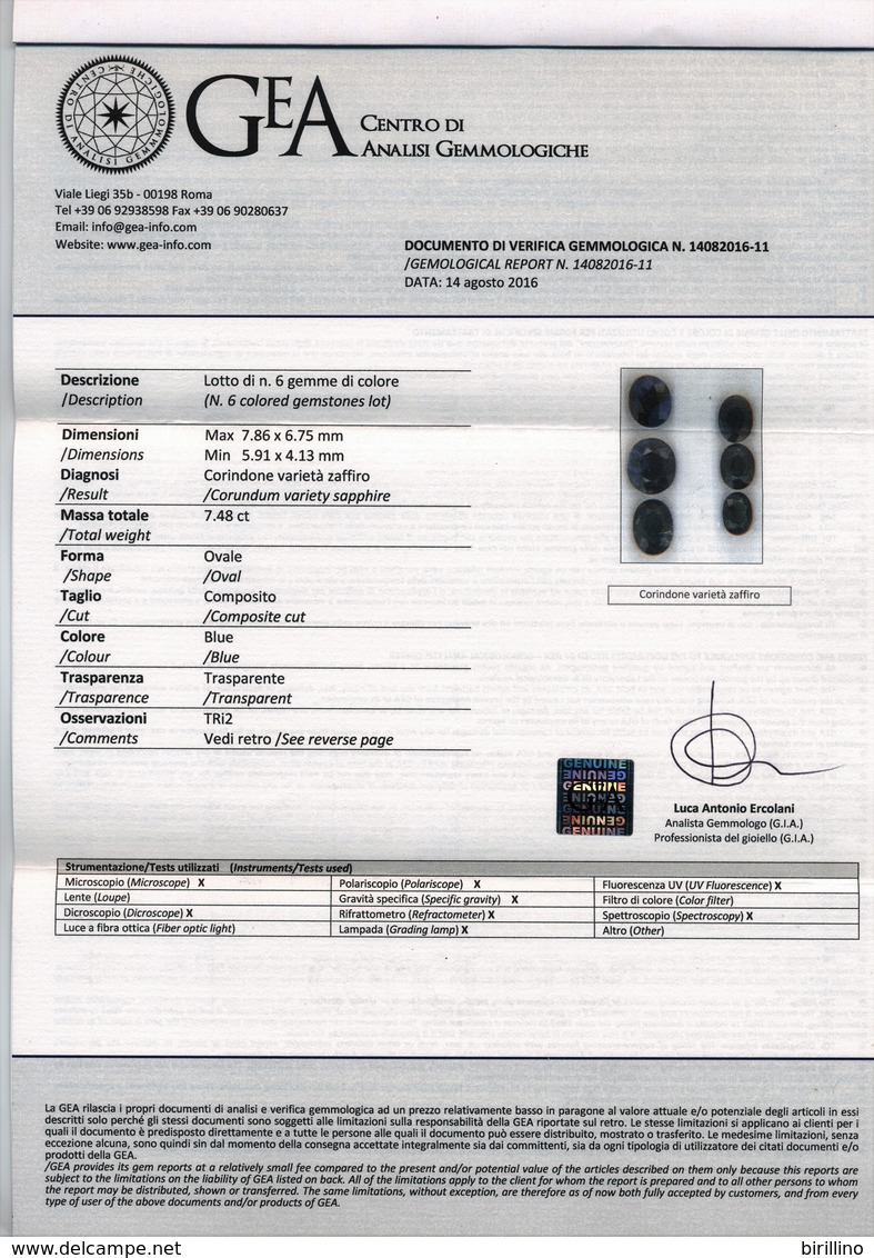 4372 - 6 Gemme Di Zaffiro Blu Ct. 7.48 - Certificato Autenticità Italiano - Sapphire