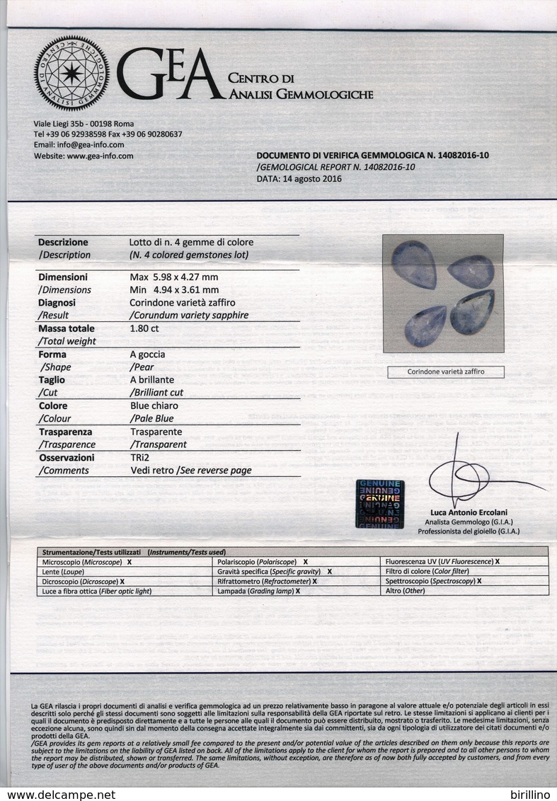 4388 - 4 Gemme Di Zaffiro Blu Chiaro Ct. 1.80 - Certificato Autenticità Italiano - Zaffiro