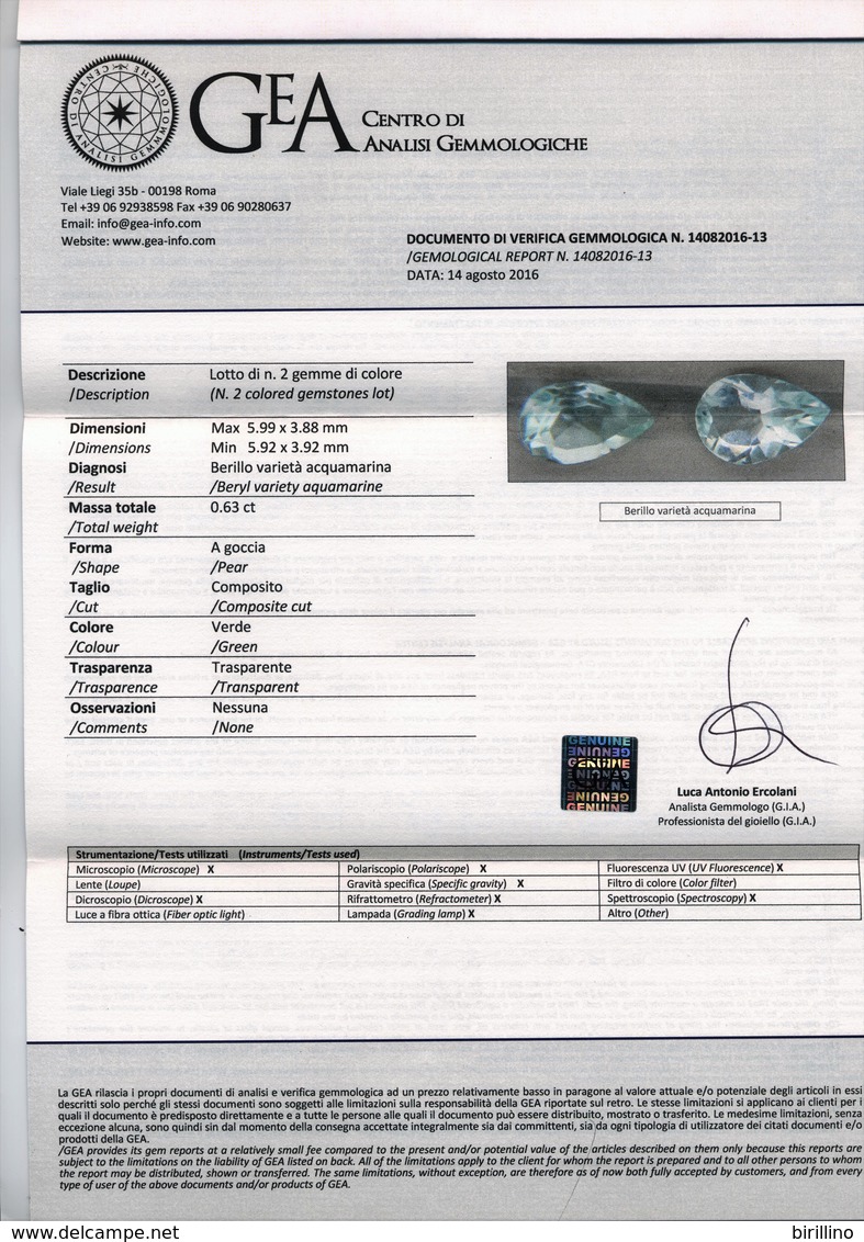 4360 - 2 Gemme Di Acquamarina Verde Chiaro Ct. 0.63 - Certificato Autenticità Italiano - Aquamarine