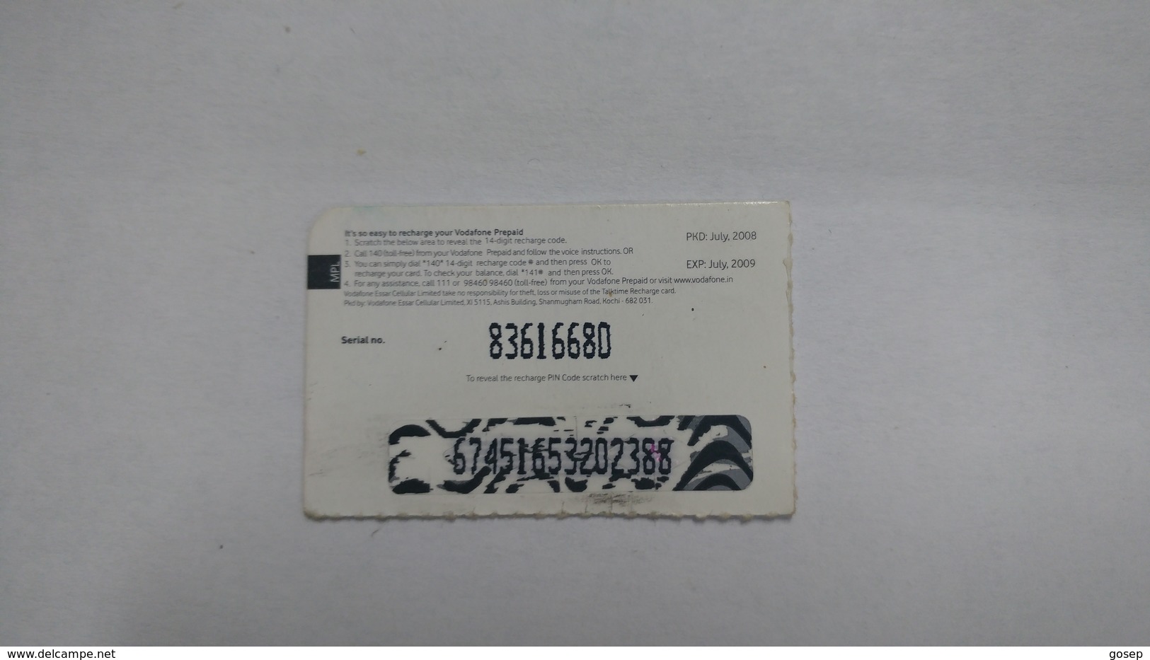 India-vodafone-mrp Card-(24f)-(rs.20)-(7/08-7/09-(jaipur)-kutti Card-used+1 Card Prepiad Free - India