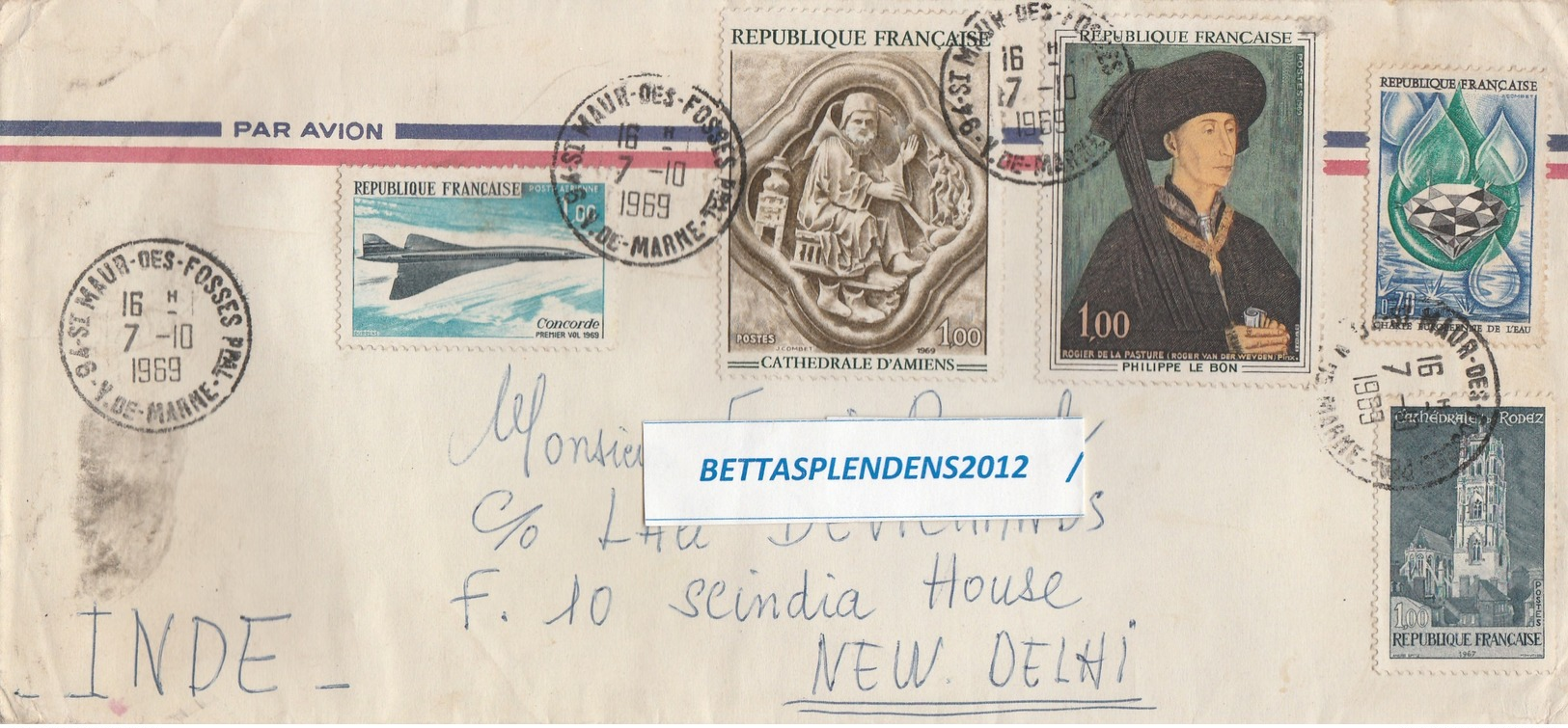 LSC 1969 - Enveloppe Pour INDE / NEW DELHI - Cachet St Maur Des Fossés Sur YT 1586 & YT 1587 & YT 1612 & PA 43 - 1961-....