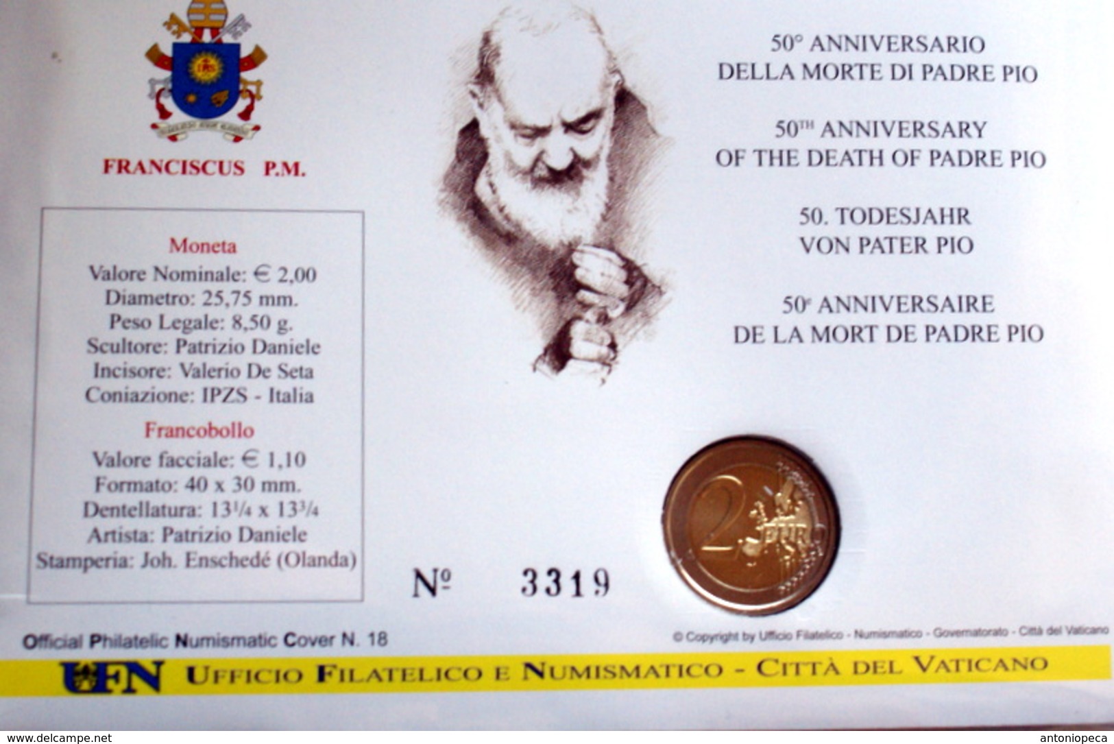 VATICAN 2018,  SPECIAL PHILATELIC-NUMISMATIC COVER 50TH ANNIVERSARY PADRE PIO DEATH - Nuovi