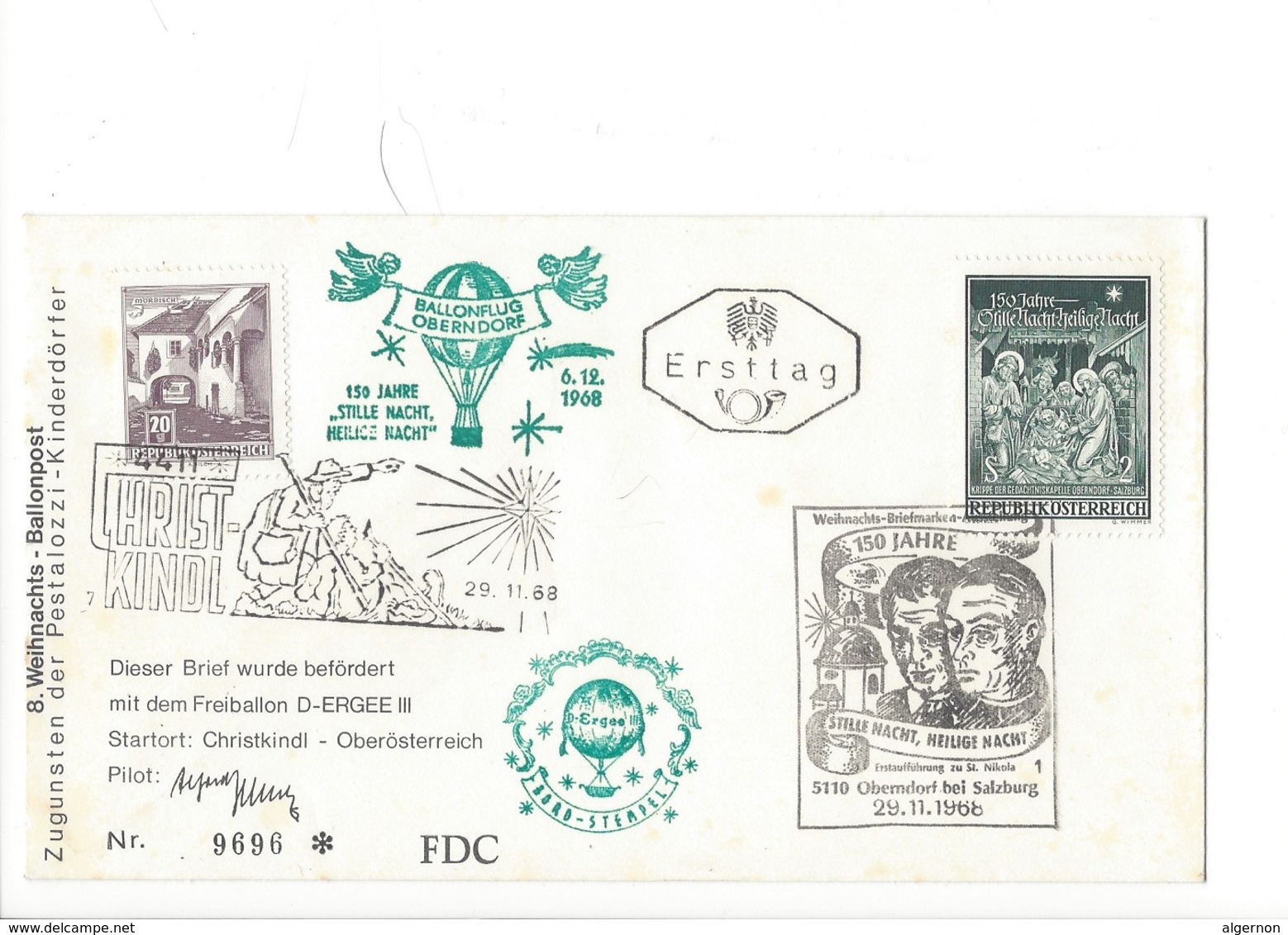 21009 - Christkindl 29.11.1968 Ballonflug Oberndorf 150 Jahre Stille Nacht FDC - Christmas