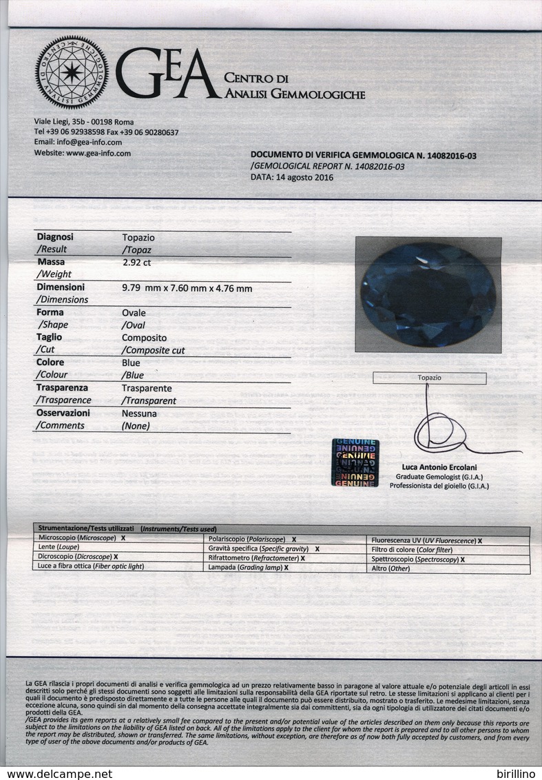 248 - Topazio Blu  Ct. 2.92 - Certificato Autenticità Italiano - Topaz