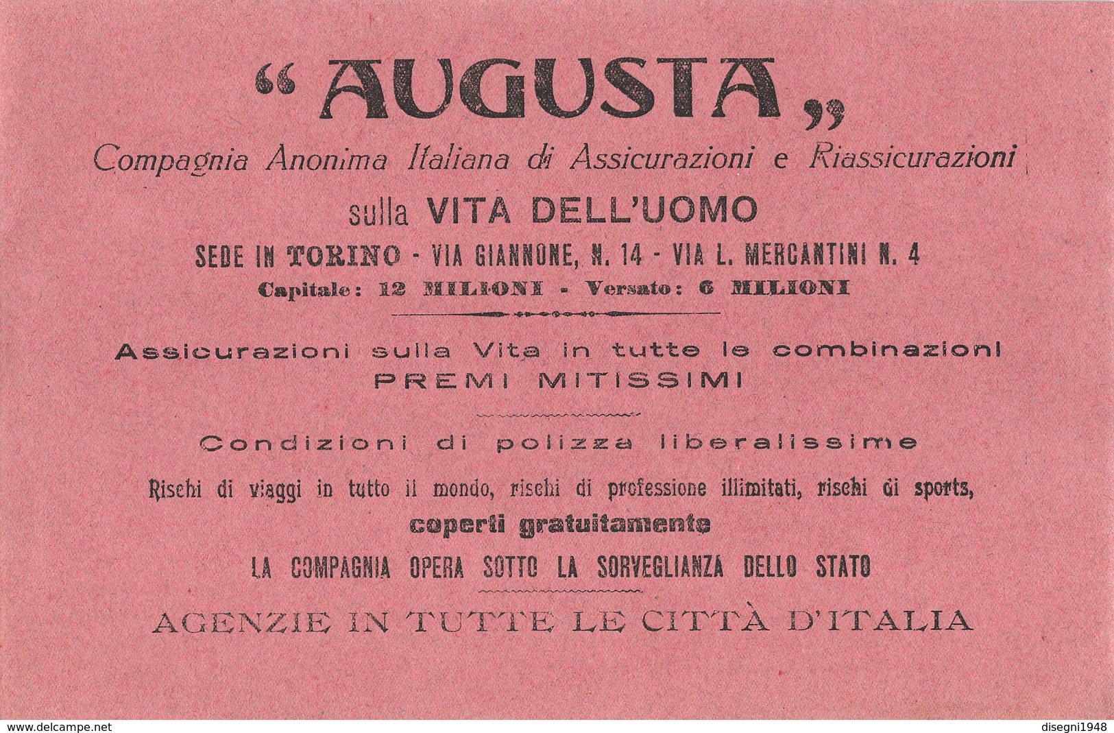 07599 "CARTA ASSORBENTE AUGUSTA ASSICURAZIONI TORINO" ORIG. - Petit Format : 1941-60