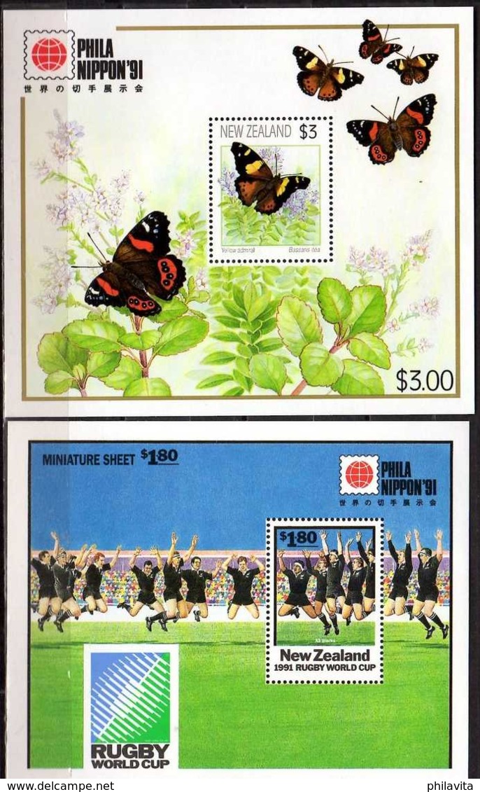 1991 New Zealand - Phila Nippon 91 - Set Of 2 MS - Rugby WC 1991 + Butterflies - MNH** MI B 30/31 - KW - 29 Mie - Ungebraucht