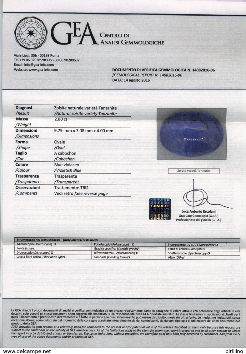 4356 - Tanzanite Blu Violaceo  Ct. 2.80 - Certificato Autenticità Italiano - Sin Clasificación