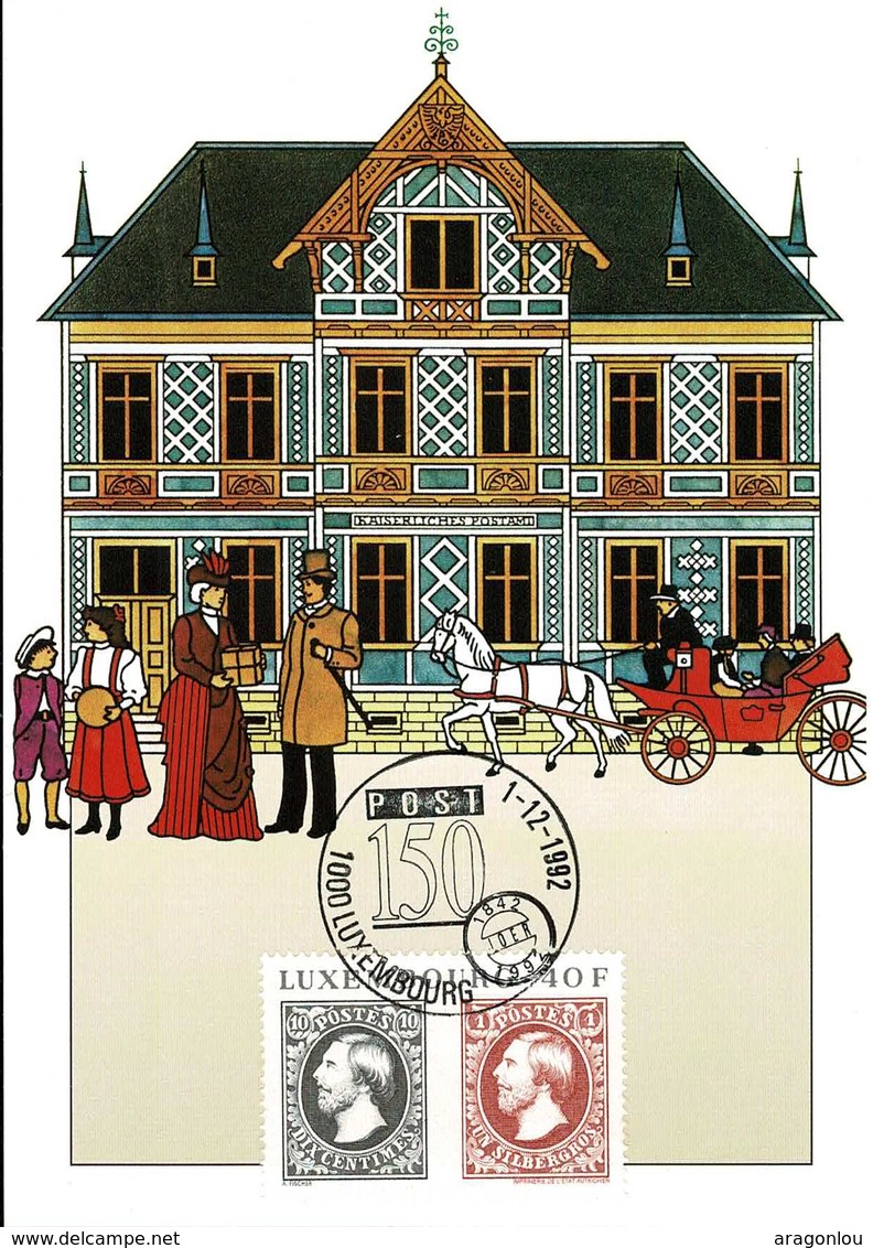 1992:150 Ans Post Luxembourg, Timbre 40F, Carte Illustration, 2Scans - Commemoration Cards