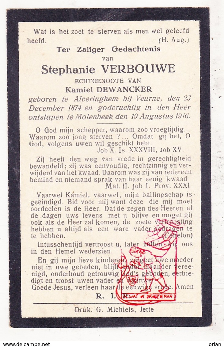 DP Stephanie Verbouwe ° Alveringem Veurne 1874 † Molenbeek 1916 X Kamiel DeWancker - Devotieprenten