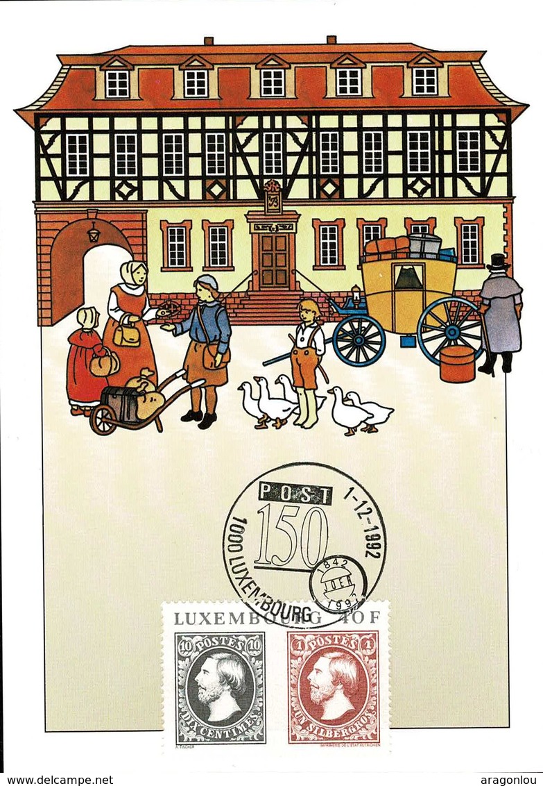 1992:150 Ans Post Luxembourg, Timbre 40F, Carte Illustration, 2Scans - In Gedenken An