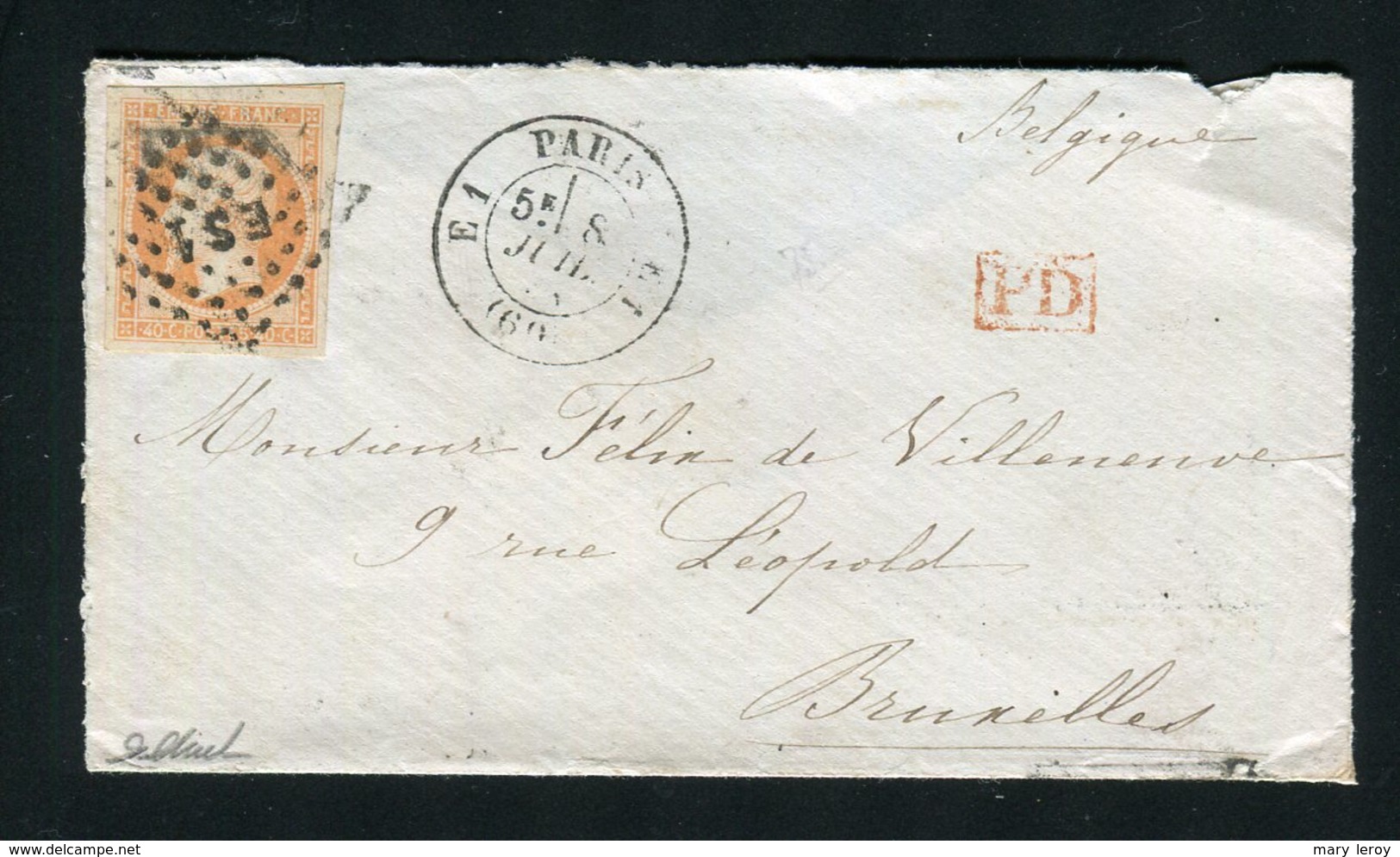 Rare Lettre De Paris Pour Bruxelles Avec Un N° 16 - Cachet ES1 & 1529 - 1853-1860 Napoléon III