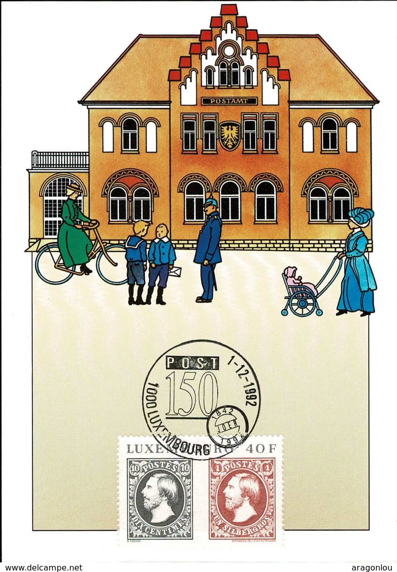 1992:150 Ans Post Luxembourg, Timbre 40F, Carte Illustration, 2Scans - Cartes Commémoratives
