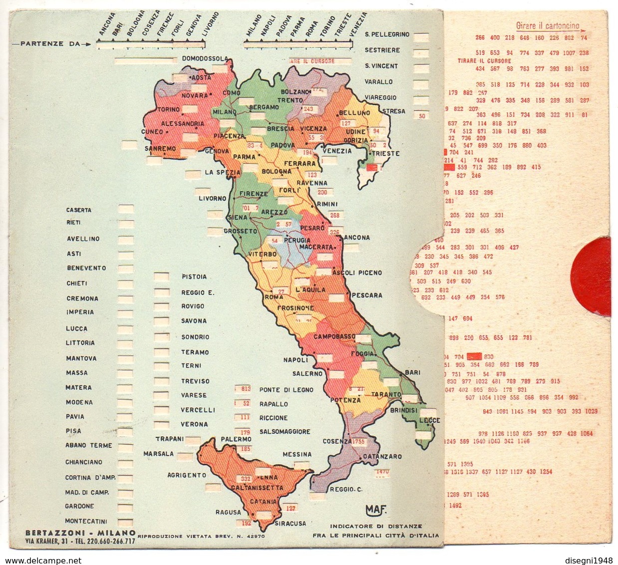 07605 "INDICATORE DISTANZE CHILOMETRICHE FRA LE PRINCIPALI CITTA' D'ITALIA STRADALI E FERROVIARIE " ORIG. - Dépliants Turistici