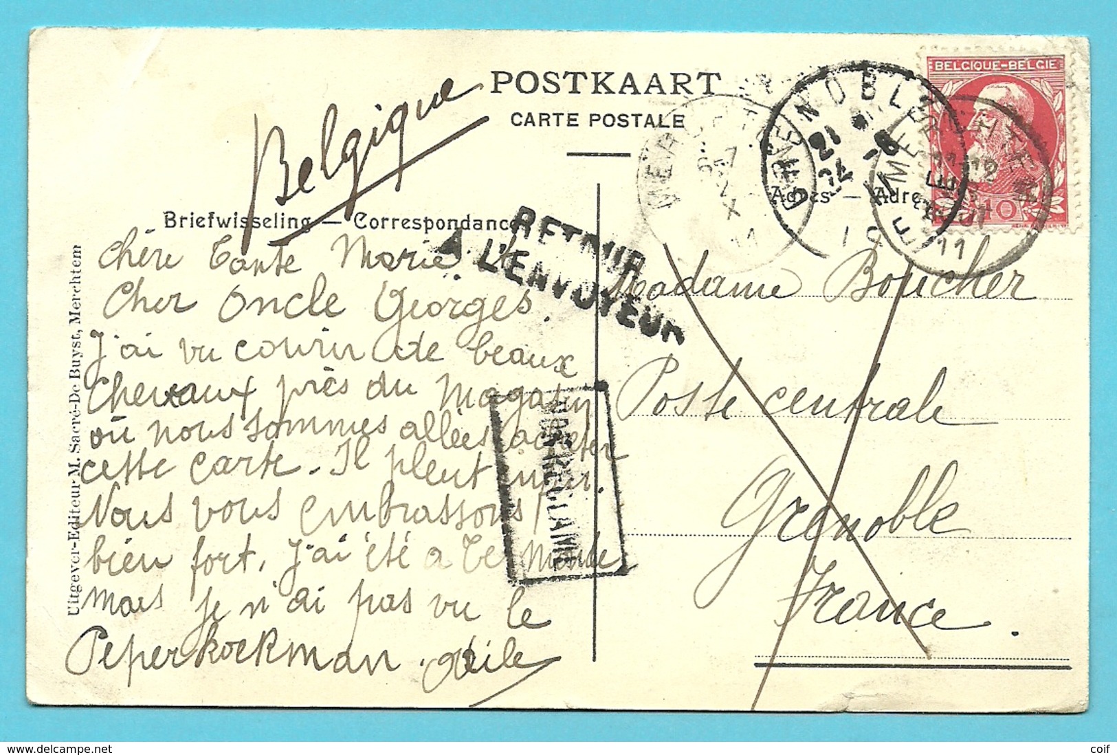 74 Op Kaart Met Stempel MERCHTEM Naar GRENOBLE (France) Stempel NON RECLAME + RETOUR.... - 1905 Grosse Barbe