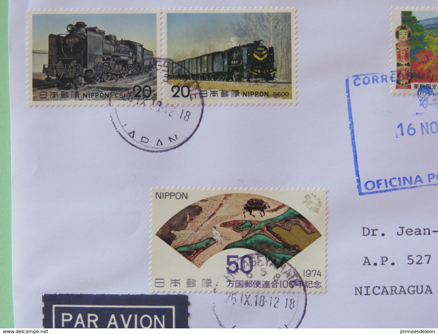 Japan 2018 Cover To Nicaragua - Trains Landscapes Flowers Fan Dolls - Lettres & Documents