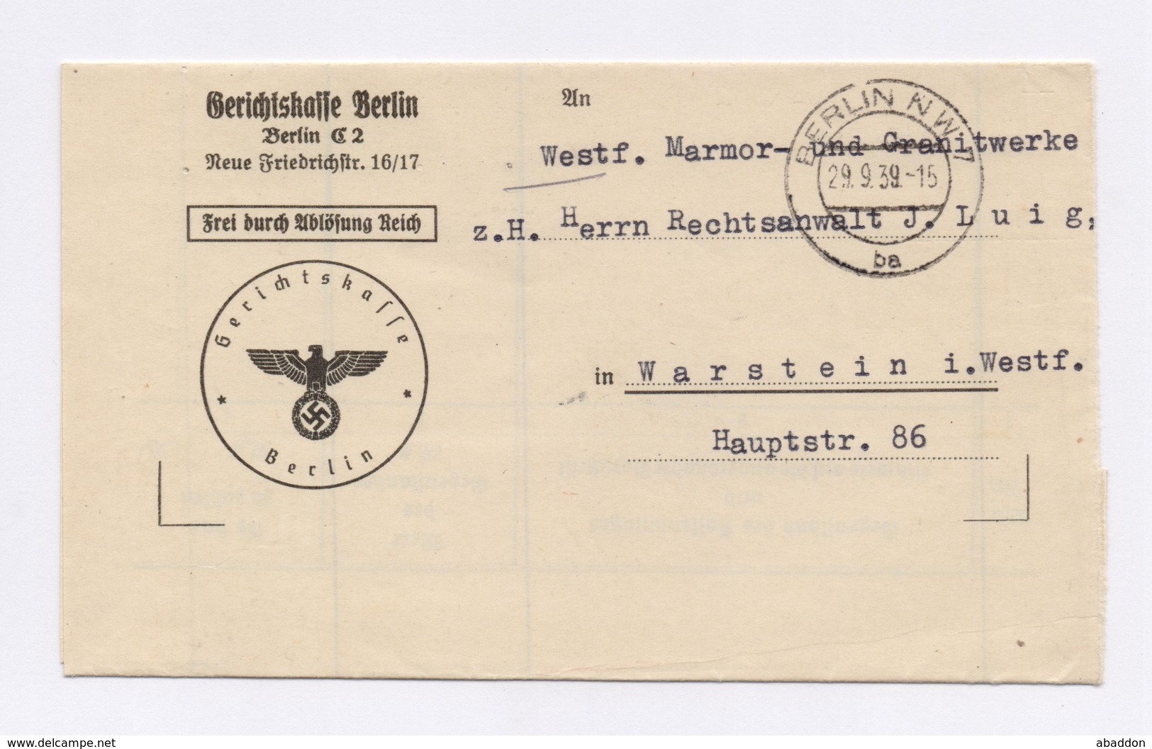 DR Dienstbrief Gerichtskasse BERLIN > WARSTEIN "Frei Durch Ablösung Reich" 1939 - Dienstmarken