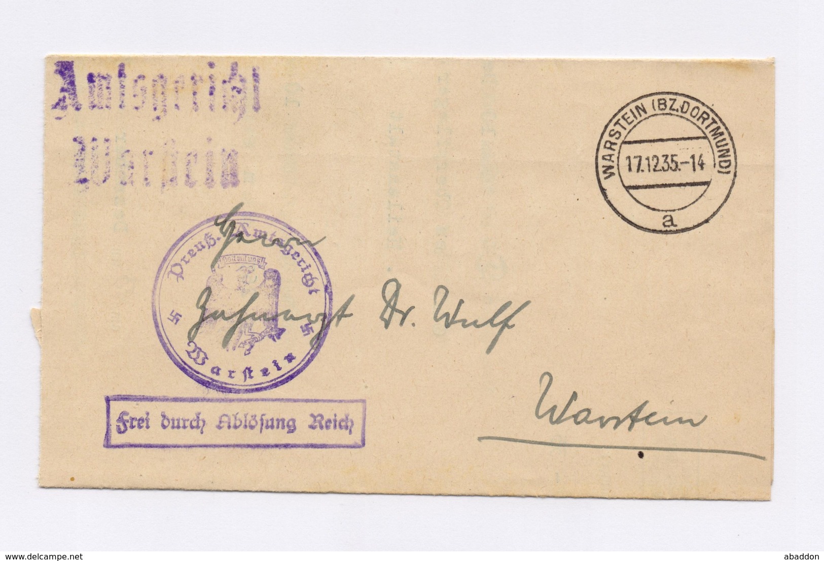 DR Dienstbrief Amtsgericht WARSTEIN, "Frei Durch Ablösung Reich" 1935 - Dienstmarken