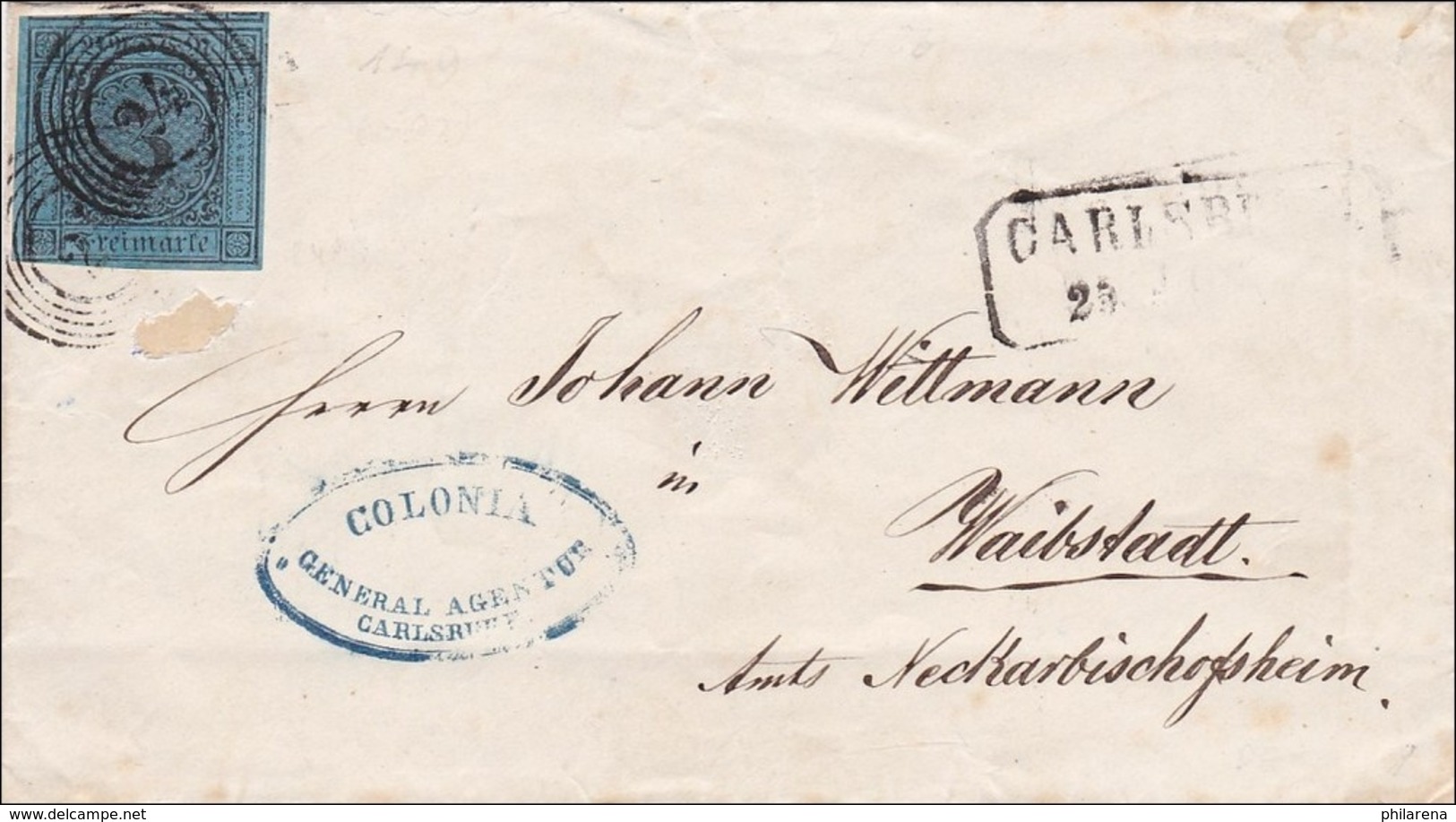 Baden: 1858, MiNr. 8a, Von Karlsruhe Nach Waibstadt - Sonstige & Ohne Zuordnung