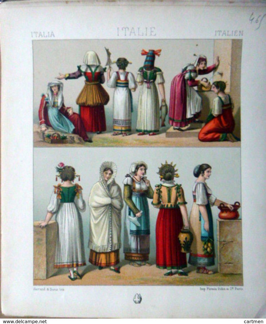 ITALIE ITALIA COSTUMES DECORATION 4 PLANCHES CHROMOLITHOS DOREES  COLOREES COSTUMES MILITAIRES FEMMES CIVILS 1888 - Lithographies