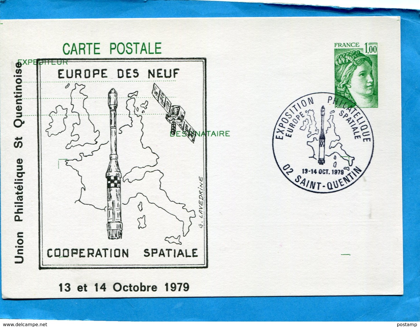 MARCOPHILIE-carte Entier Postal-stationnery-1fr Sabine-repiquage Illust  Coop Spatiale-fusée-cad Expo -St Quentin 1979 - AK Mit Aufdruck (vor 1995)