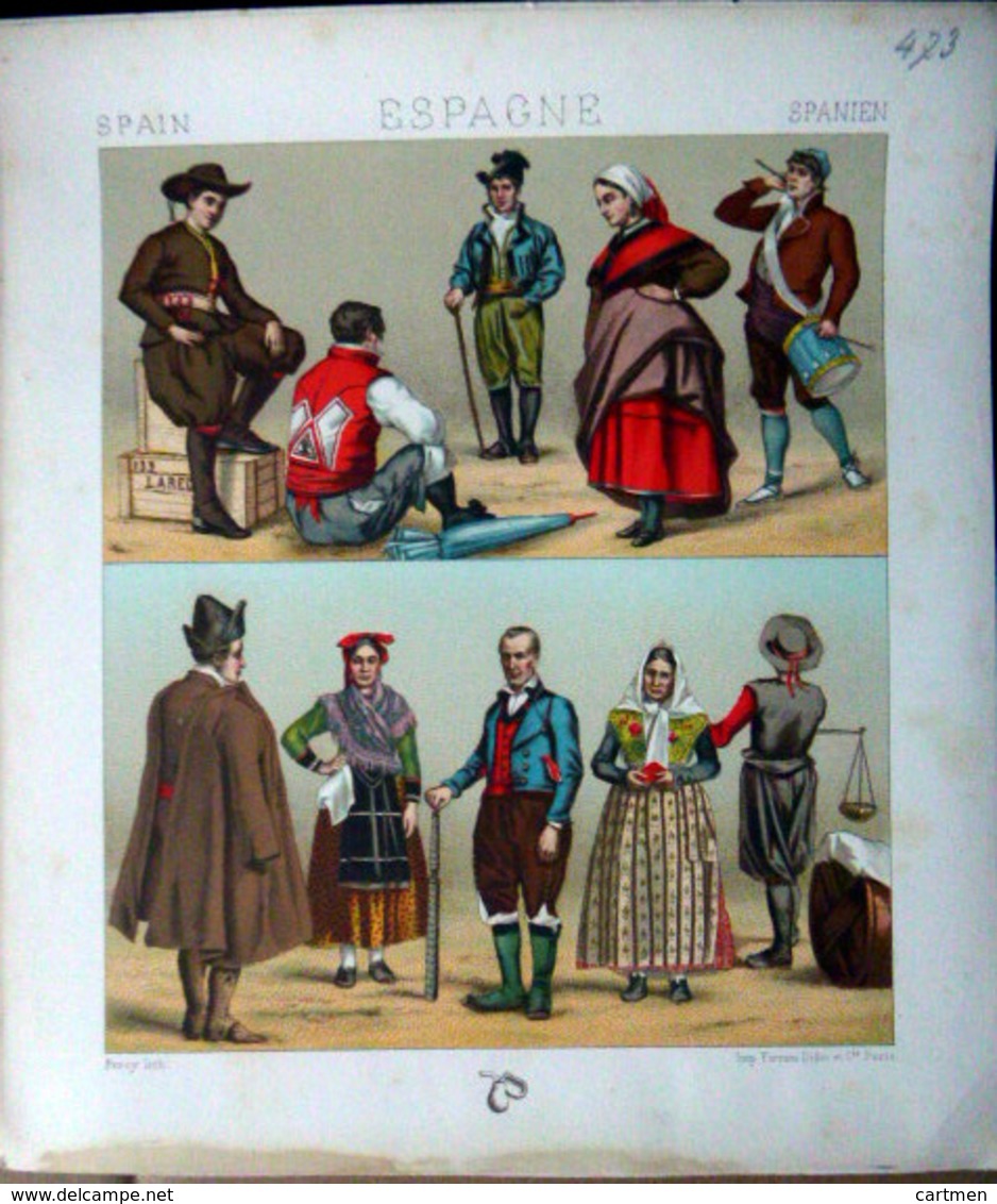 ESPAGNE SPAIN COSTUMES DECORATION 7 PLANCHES CHROMOLITHOS DOREES  COLOREES COSTUMES MILITAIRES FEMMES TAUROMACHIE 1888 - Lithographies