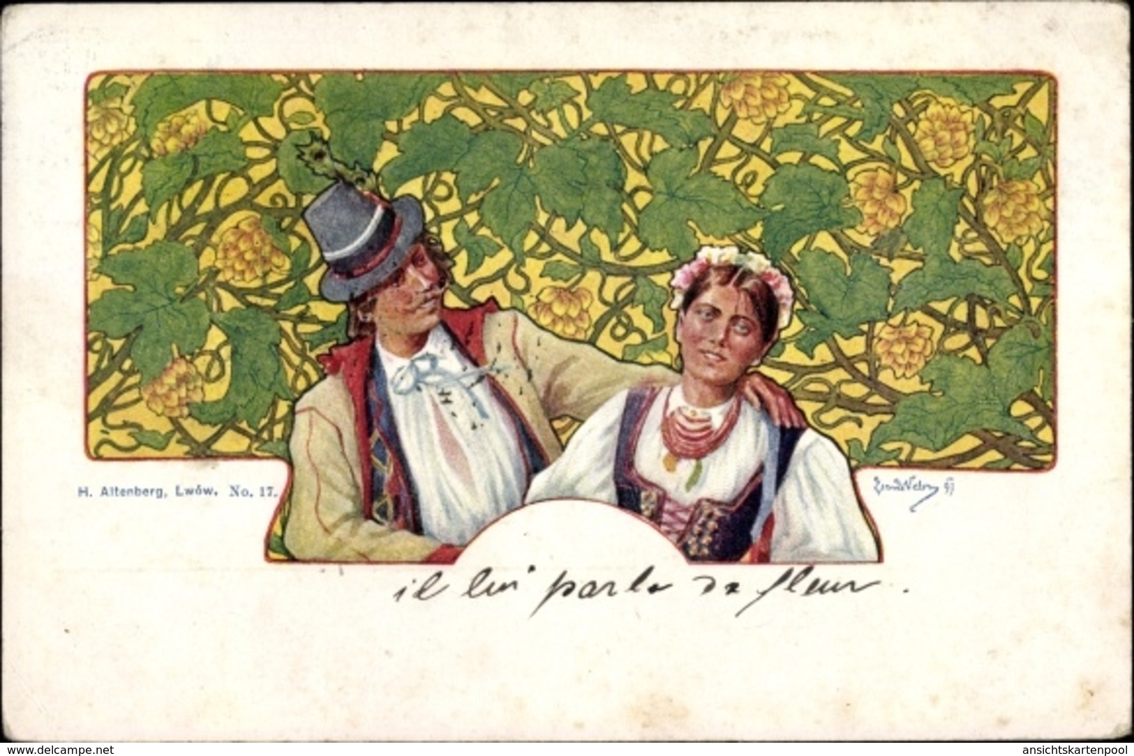 Artiste Lithographie Attenberg, L., Lwów Lemberg Ukraine, Paar In Ukrainischer Tracht, Blumen - Ukraine