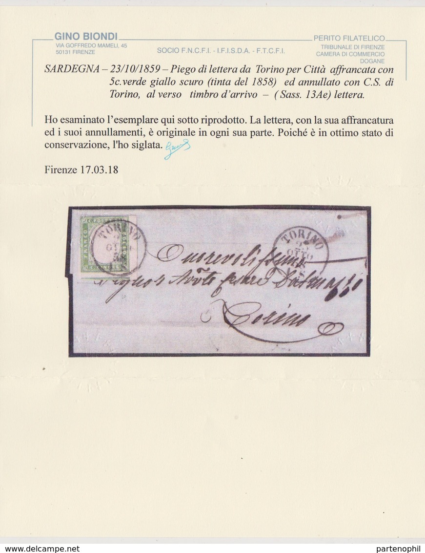 Sardegna Piego Del 23/10/59 Da Torino Per Città Affrancata Con 5 C. Verde Giallo Scuro. Cert. Biondi - Sardegna