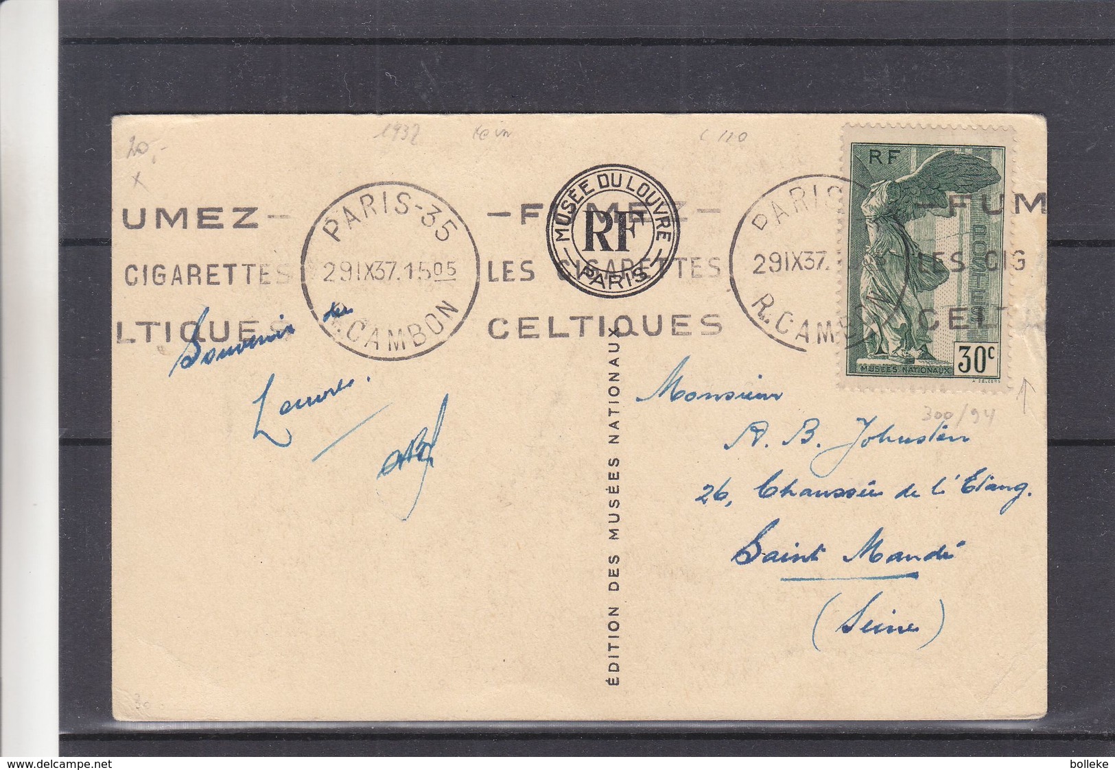 France - Carte Postale De 1937 - Oblit Paris R. Cambon - Exp Vers Saint Mandé - Valeur 110 Euros - Briefe U. Dokumente