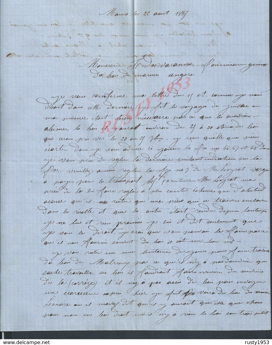 LETTRE DE 1865 DE MAURS A DESVARANNES FOURNISSEUR DE BOIS LA MARINE ANGERS : - Manuscrits