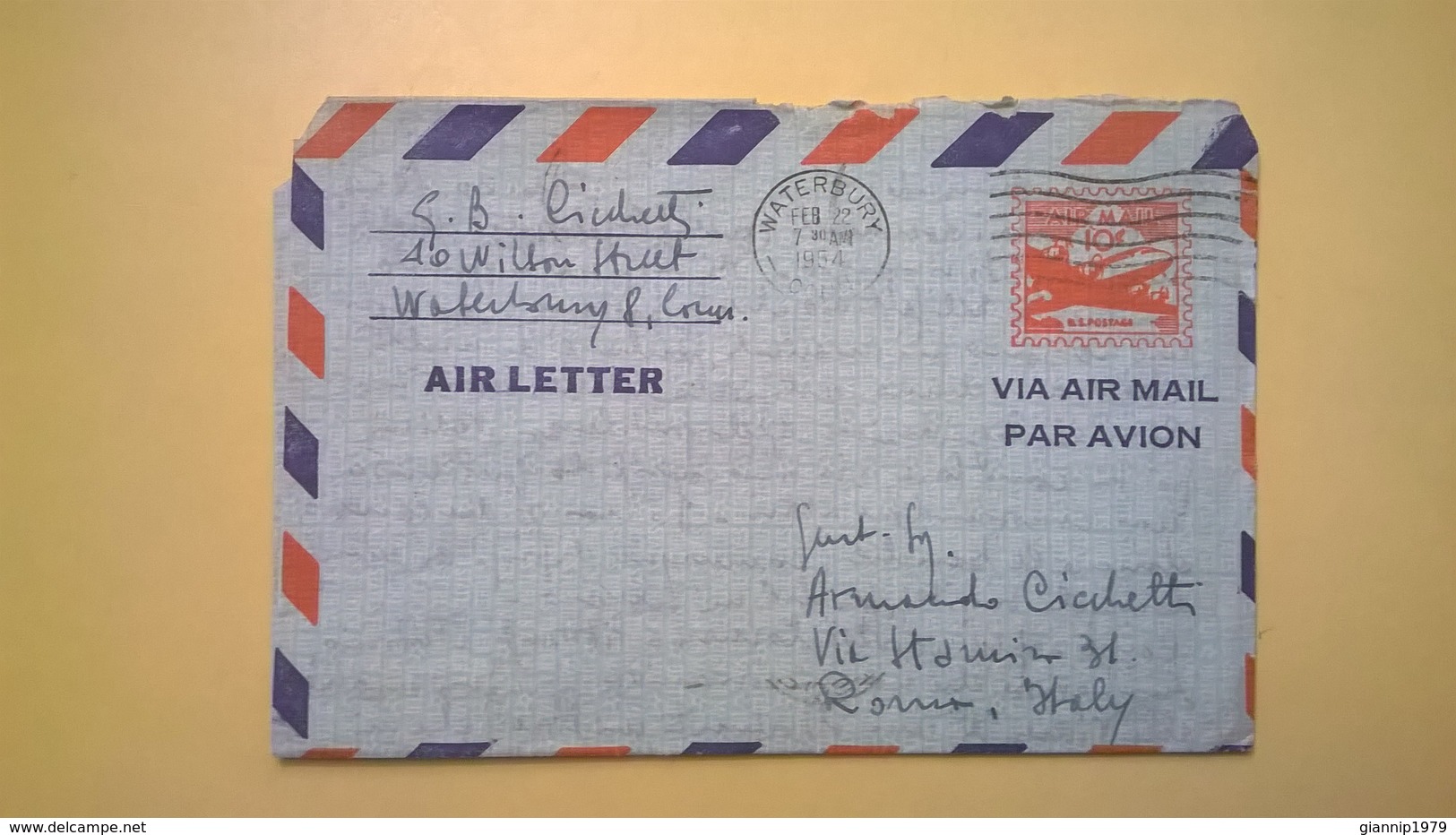 1956 BUSTA AEROGRAMME AEROGRAMMA AIR LETTER AIR MAIL ANNULLO WATERBURY PER ITALY - 1941-60