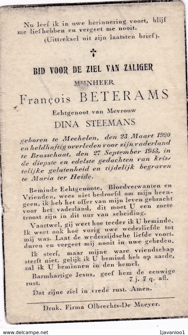 Oorlogsslachtoffer, 1943, Francois Beterams, Steemans, Mechelen, Brasschaat, - Images Religieuses