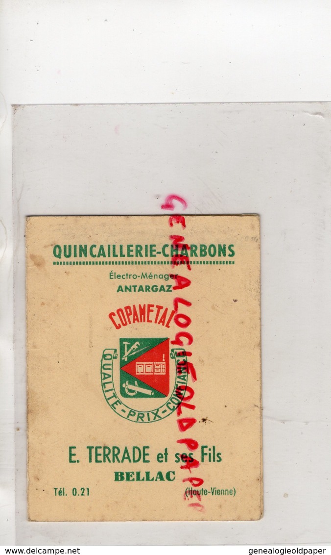 87 - BELLAC- RARE CARTE CALENDRIER 1960 QUINCAILLERIE CHARBONS ANTARGAZ-E. TERRADE ET FILS- COPAMETAL GAZ- - Petit Format : 1941-60