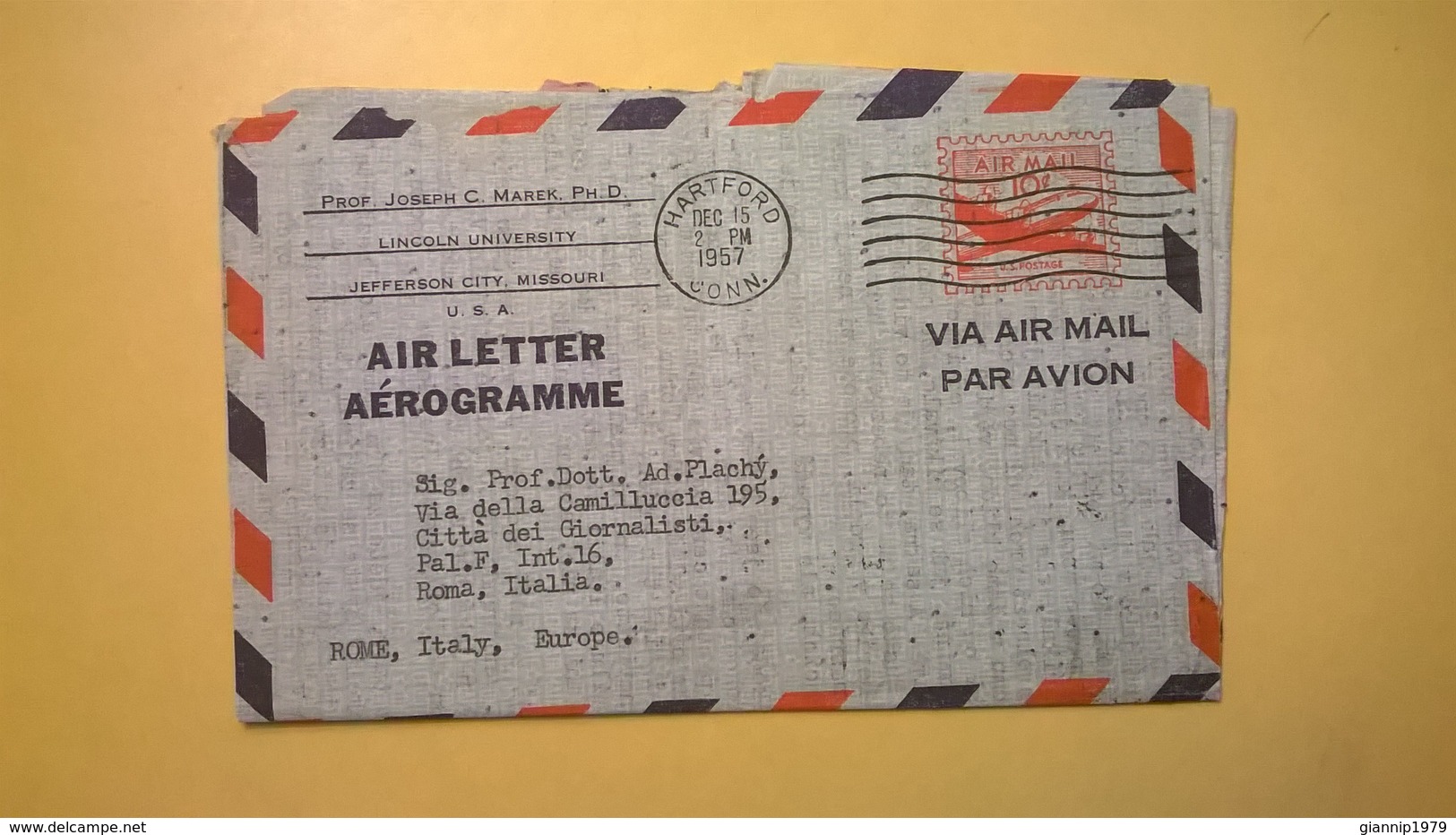 1958 BUSTA AEROGRAMME AEROGRAMMA AIR LETTER AIR MAIL ANNULLO HARTFORD PER ITALY - 1941-60