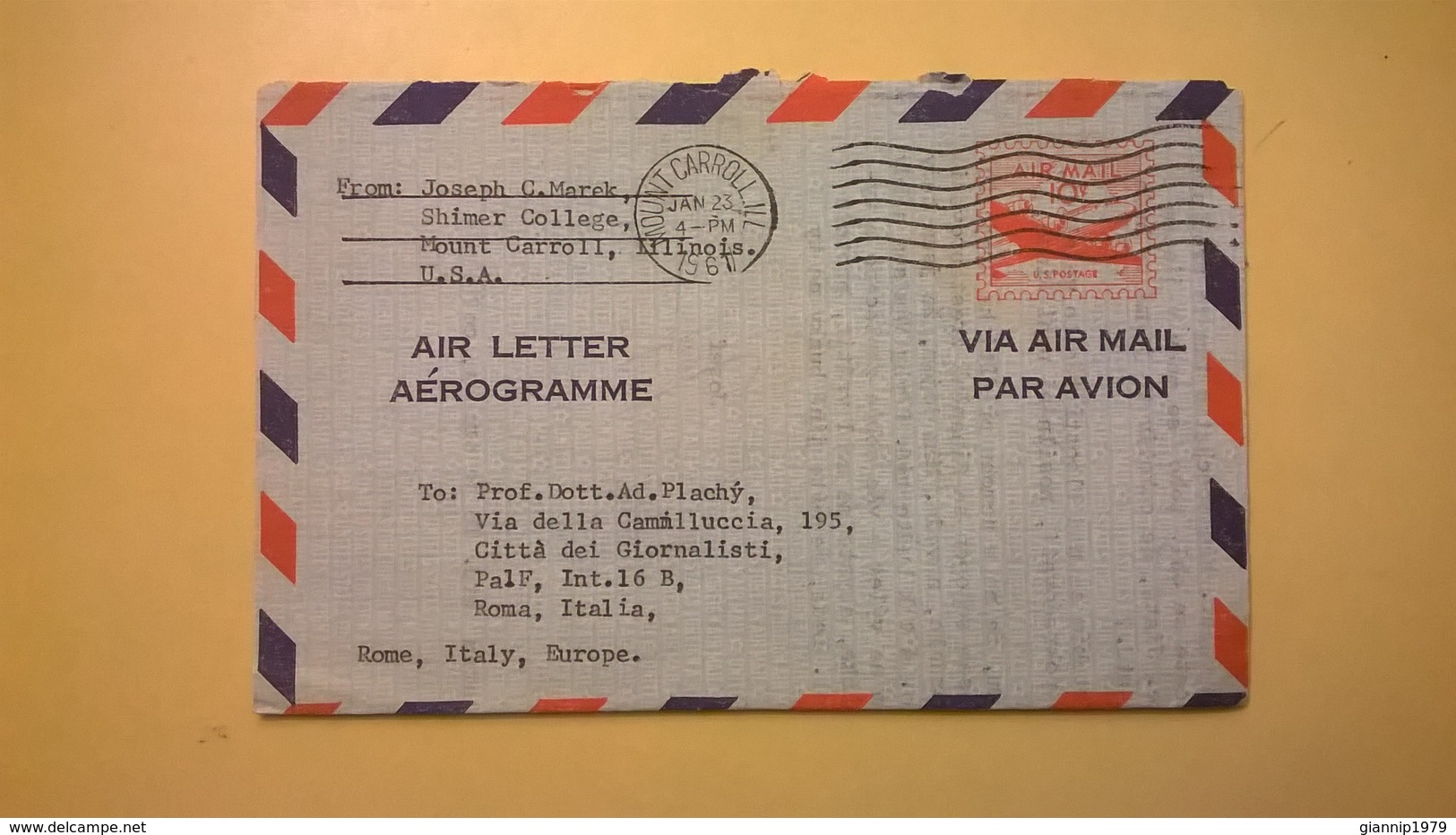 1961 BUSTA AEROGRAMME AEROGRAMMA AIR LETTER AIR MAIL ANNULLO MOUNT CARROLL PER ITALY - 1961-80