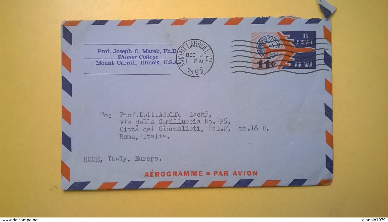 1961 BUSTA AEROGRAMME AEROGRAMMA AIR LETTER AIR MAIL ANNULLO MOUNT CARROLL PER ITALY - 1961-80