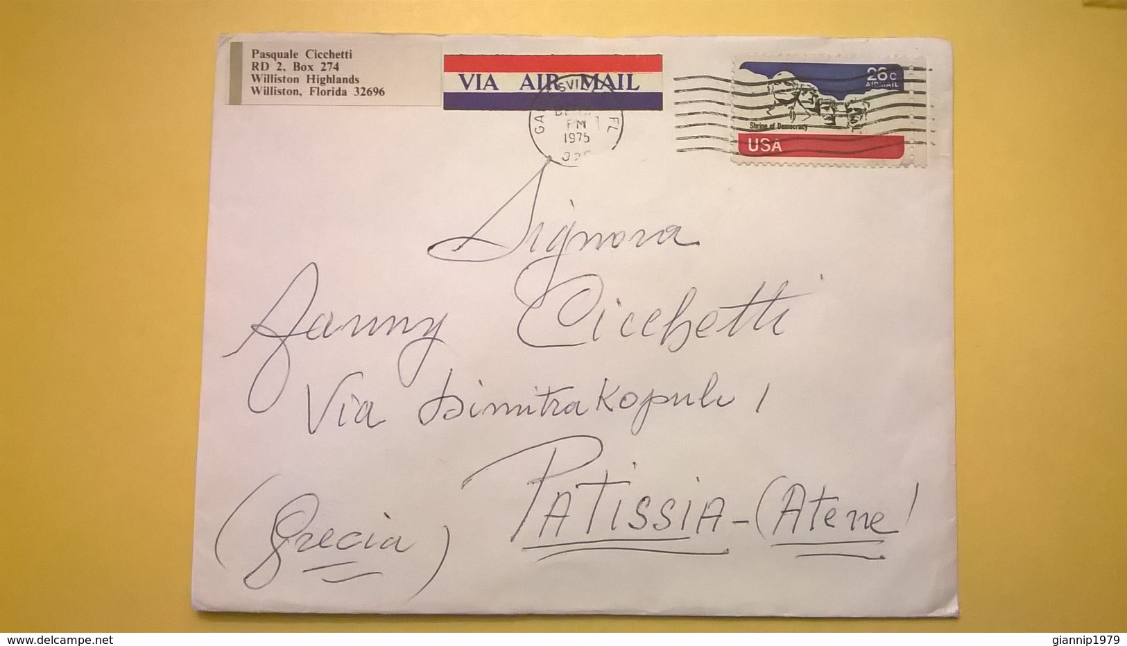 1975 BUSTA AIR MAIL BOLLO SHRINE OF DEMOCRACY ANNULLO GANESVILLE  PER ATENE PATISSIA GRECIA - 3c. 1961-... Storia Postale