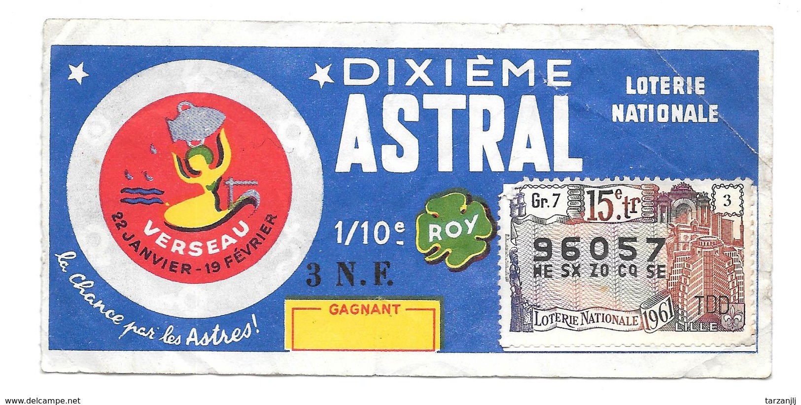 Billet Loterie Nationale Dixième Astral (Verseau) 1961 - Billets De Loterie