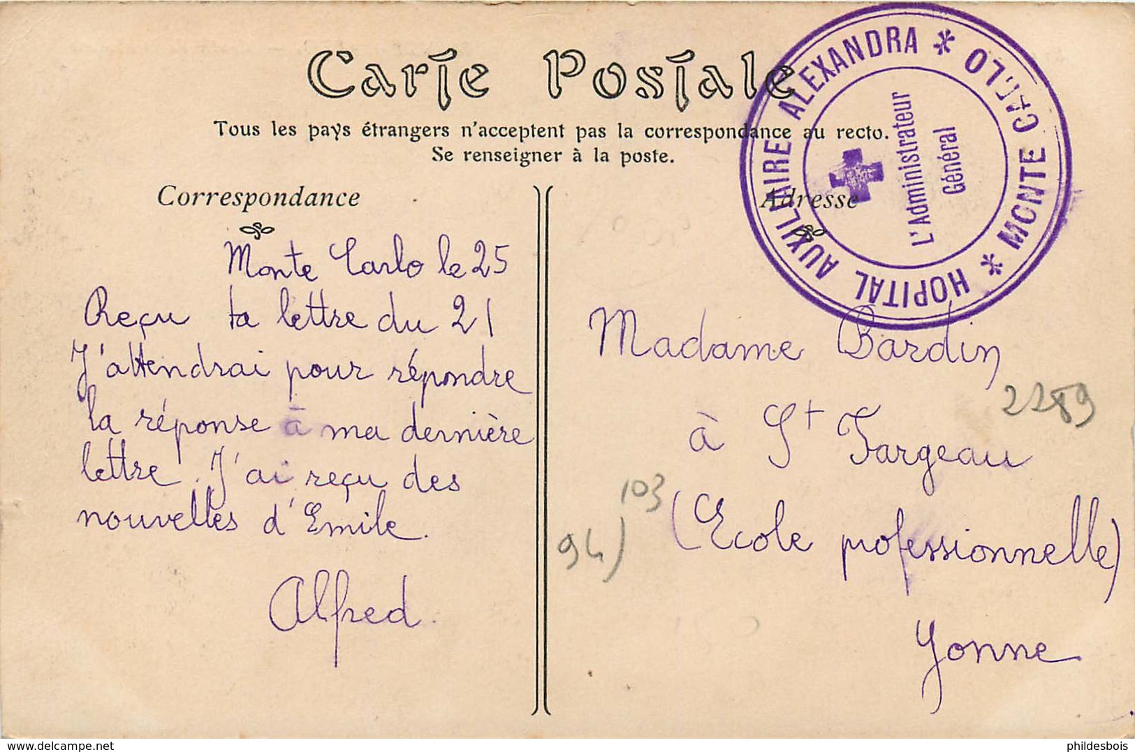 MONACO MONTE CARLO  Montée De La Madone  CACHET HOPITAL AUXILIAIRE Alexandra - Monte-Carlo