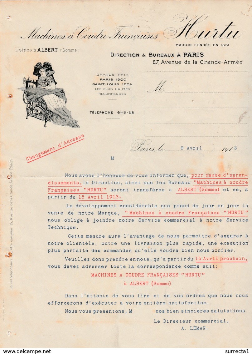 Facture 1913 / HURTU / Machines à Coudre / Usine à Albert 80 / Bureau 27 Av Grande Armée / 75 Paris - 1900 – 1949