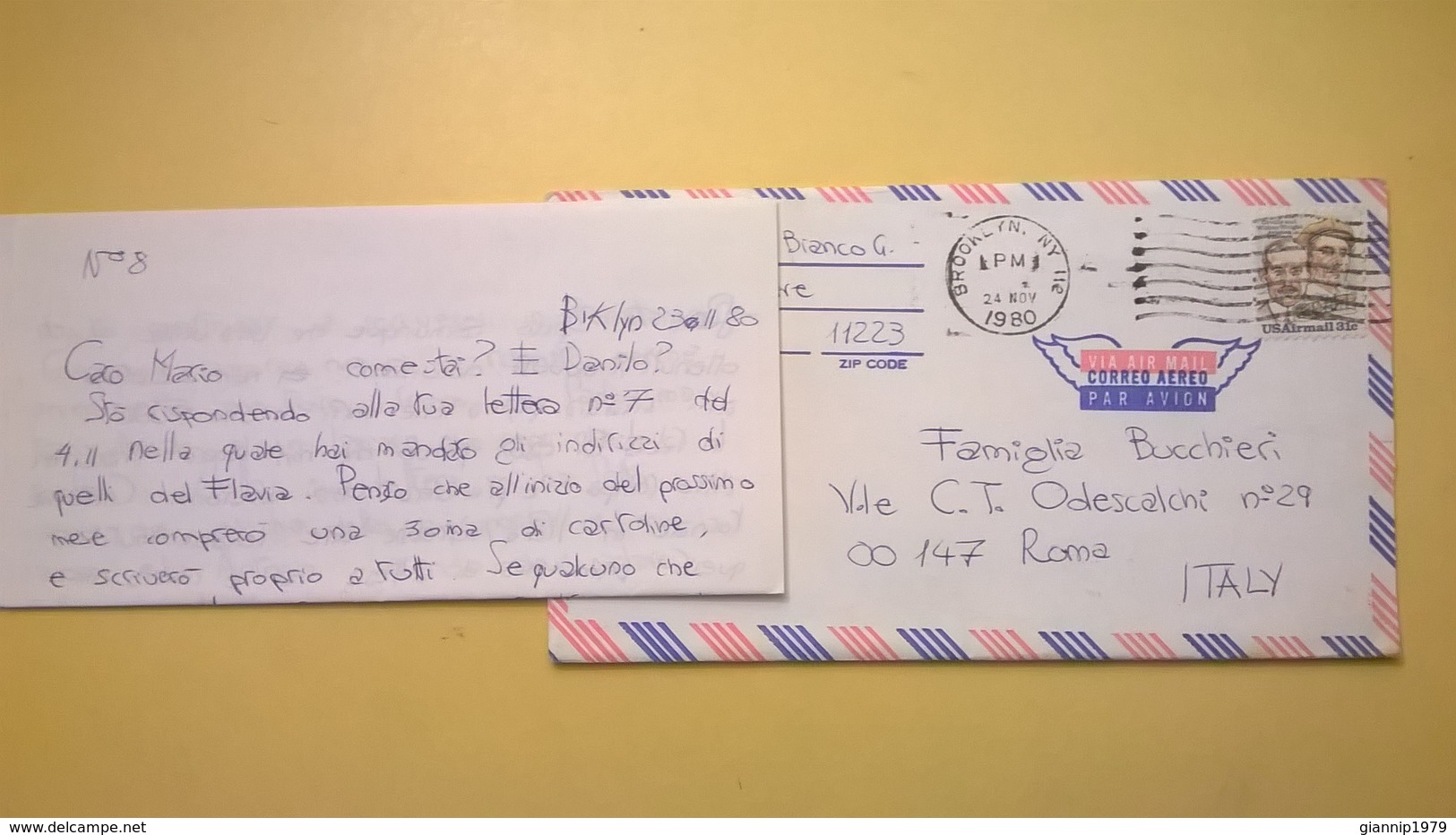 1980 BUSTA AIR MAIL BOLLO WRIGHT ANNULLO BROOKLYN PER ITALY CON LETTERA - 3c. 1961-... Storia Postale