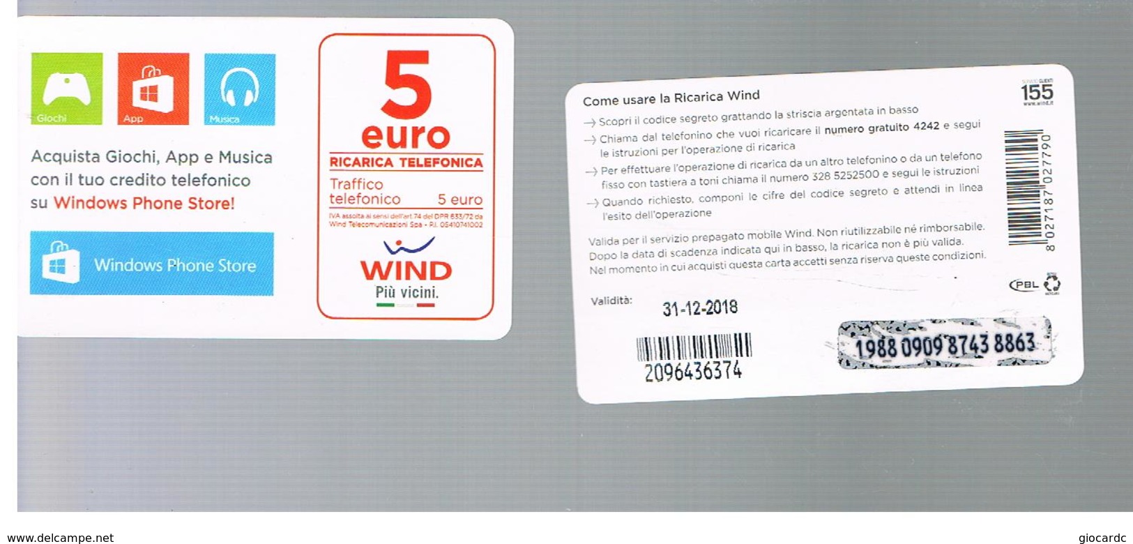 WIND ITALIA - CAT.C.&C.(11^ EDIZ.) NC - WINDOWS PHONE STORE 5 EURO SC. 31-12-2018   - USATA (RIF. CP) - Schede GSM, Prepagate & Ricariche