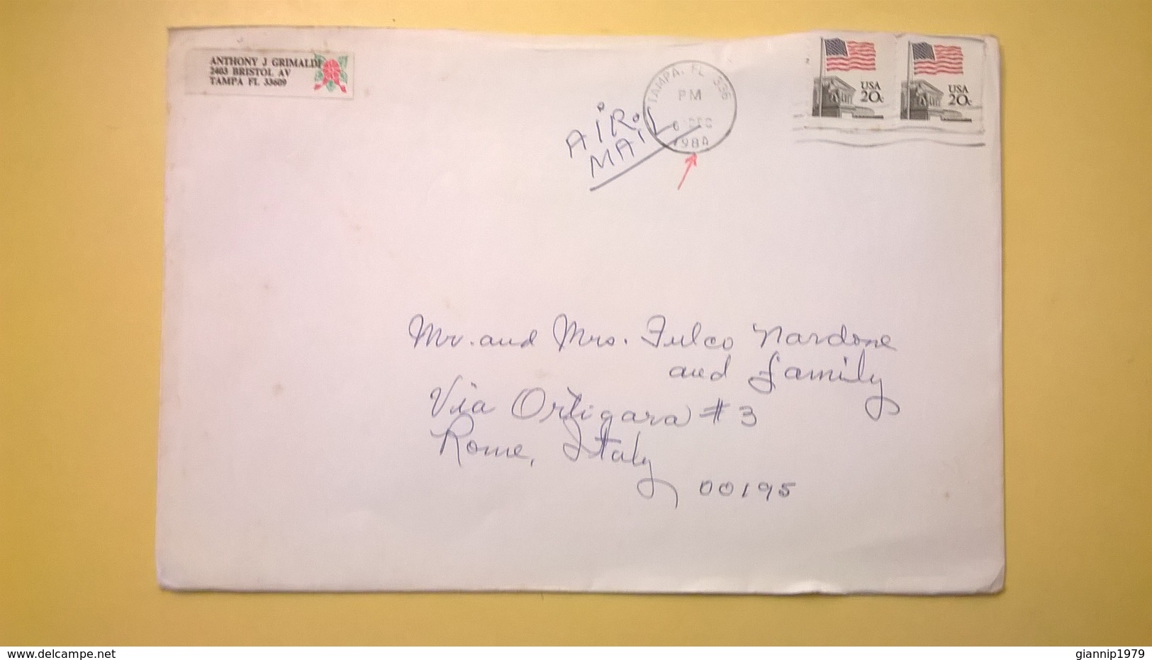 1984 BUSTA AIR MAIL BOLLO USA 20C ANNULLO TAMPA PER ITALY - Storia Postale