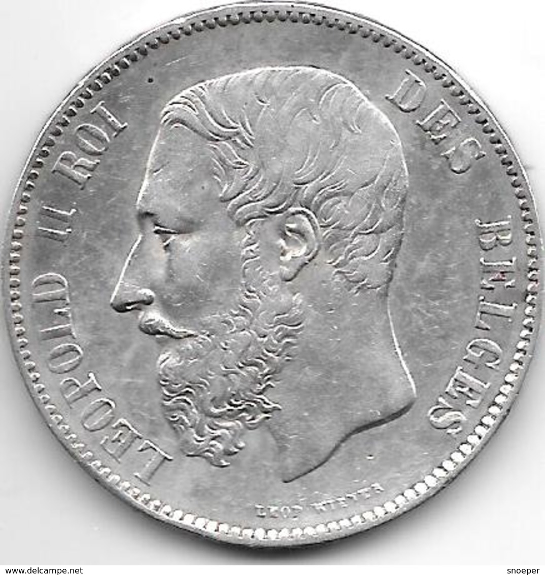 *belguim 5 Francs  Leopold II  1873 Vf+ Large Protege Stars Normal - 5 Frank