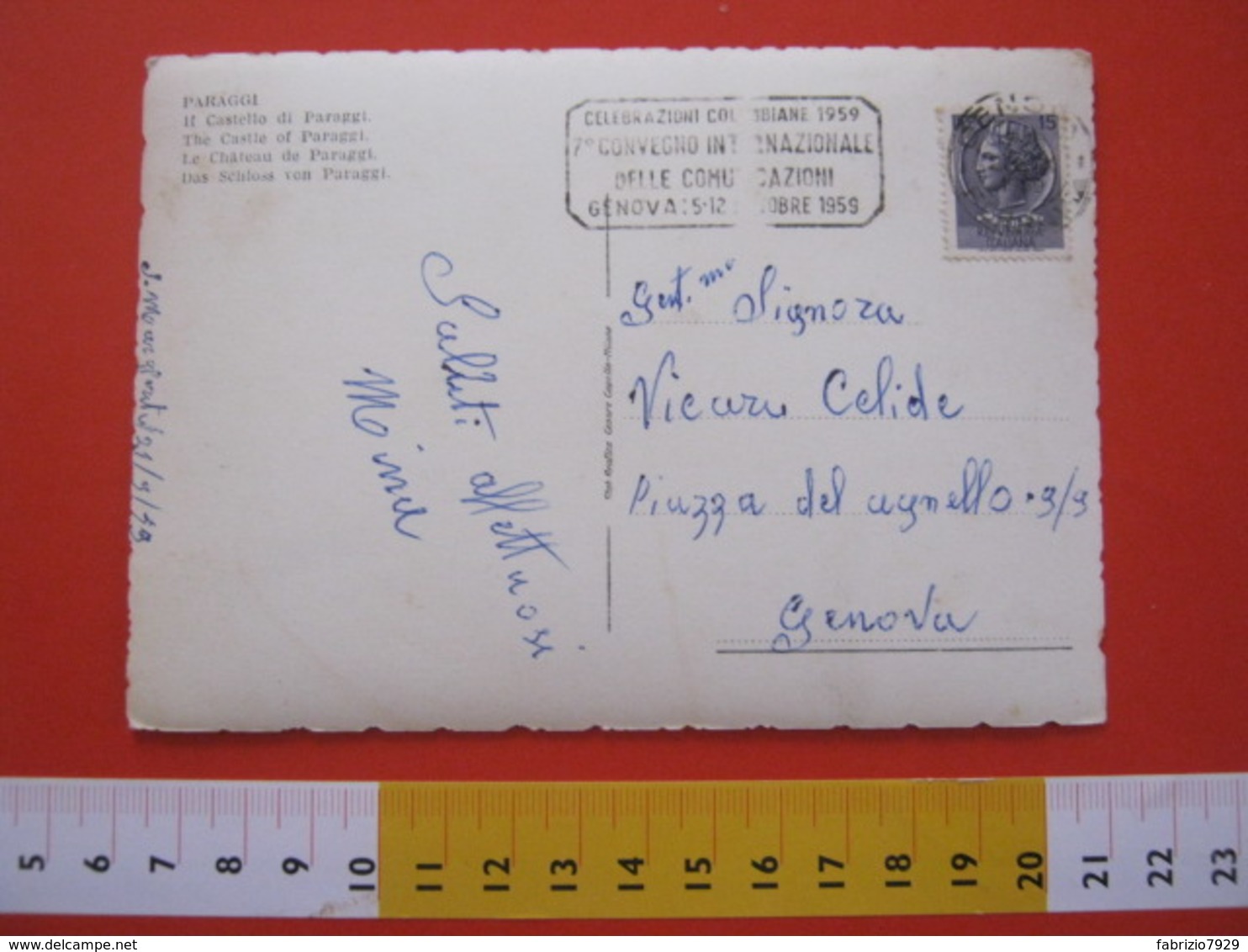 A.01 ITALIA ANNULLO TARGHETTA - 1959 GENOVA CELEBRAZIONI COLOMBIANE CRISTOFORO COLOMBO CONVEGNO COMUNICAZIONI PARAGGI - Cristoforo Colombo