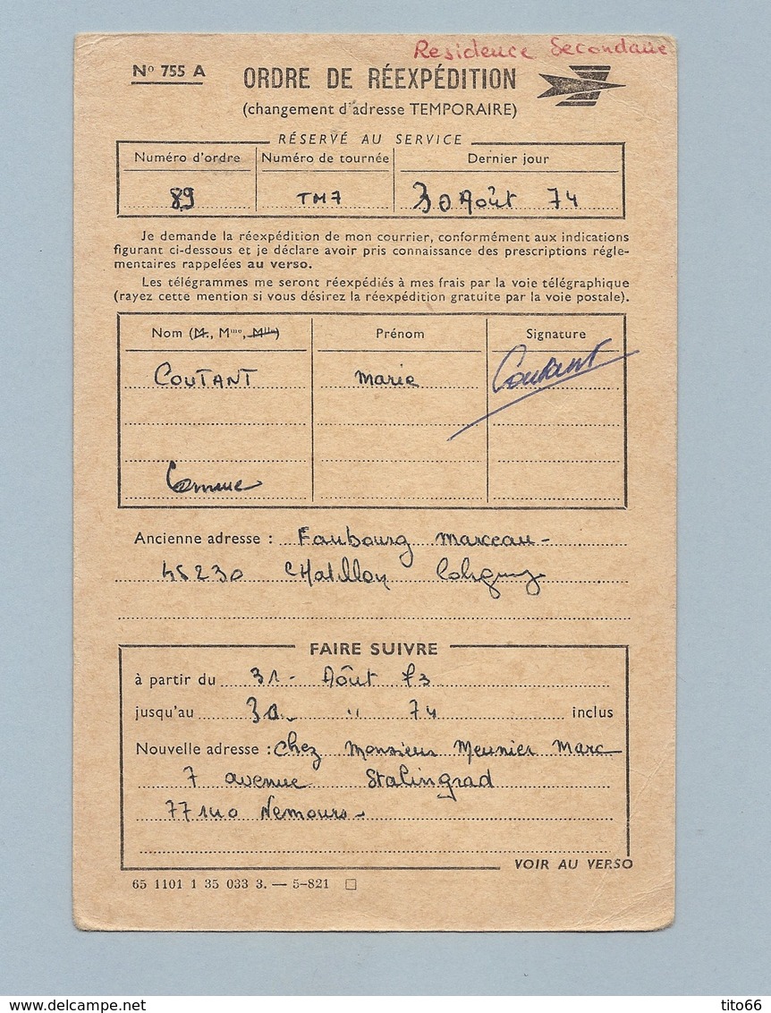 N° 47 Poste Aérienne Du 29/8/74 Sur Document Ordre De Réexpédition - 1961-....