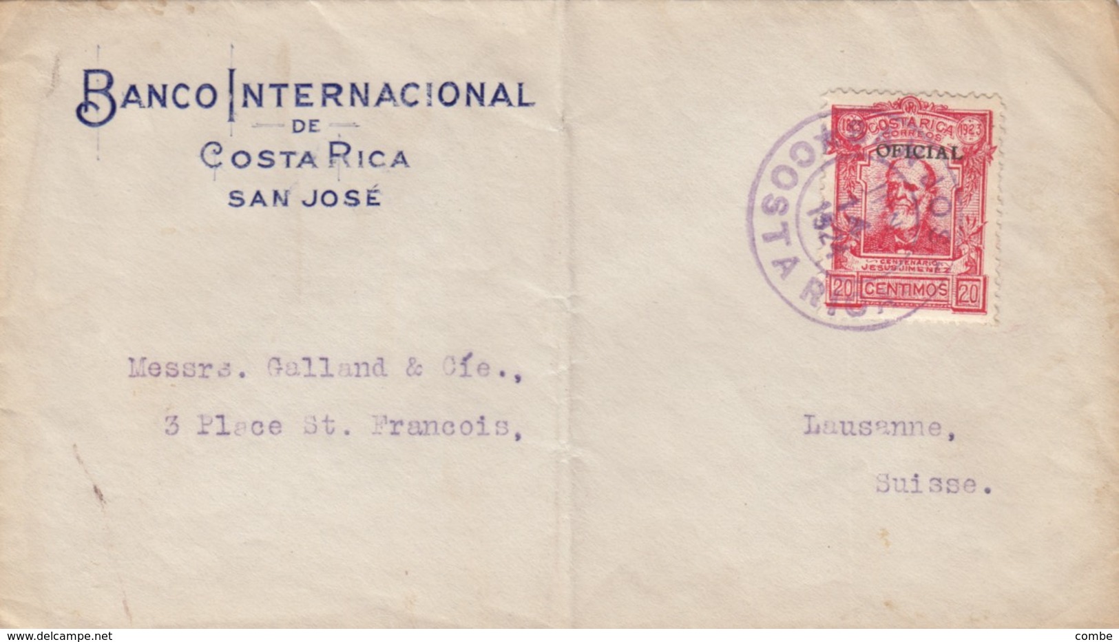 COVER COSTA-RICA. 14 JUN 1924. OFICIAL. BANCO INTERNACIONAL DE COSTA RICA SAN JOSÉ TO LAUSANNE SUISSE - Costa Rica